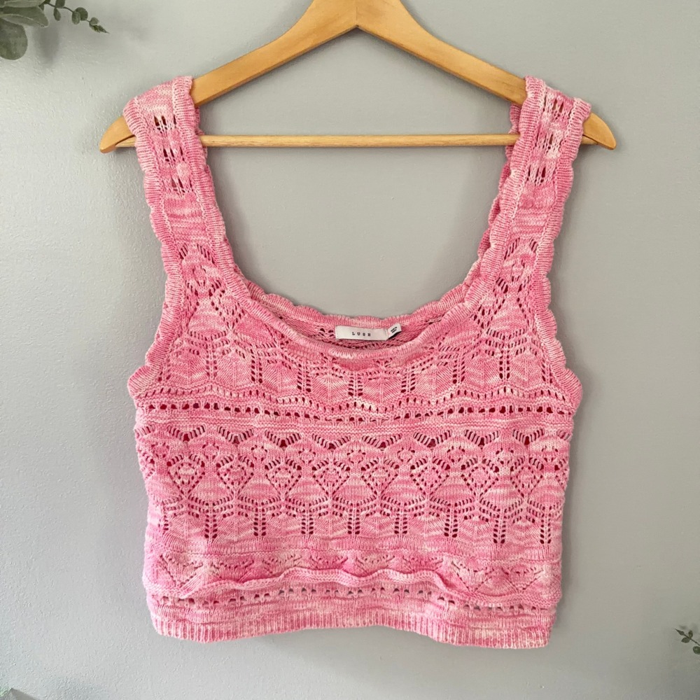 Lush Strawberry Ice Pink Open Knit Cropped Tank Top LT17151-FCI L